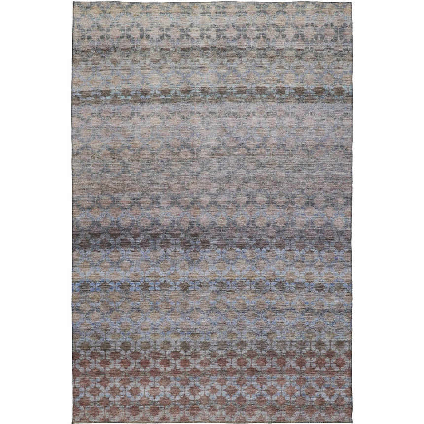 Close-up of the Dalyn Luxury Burano BU6 Brown Washable Area Rug. Features beige, brown, and blue hues with a subtle geometric pattern.