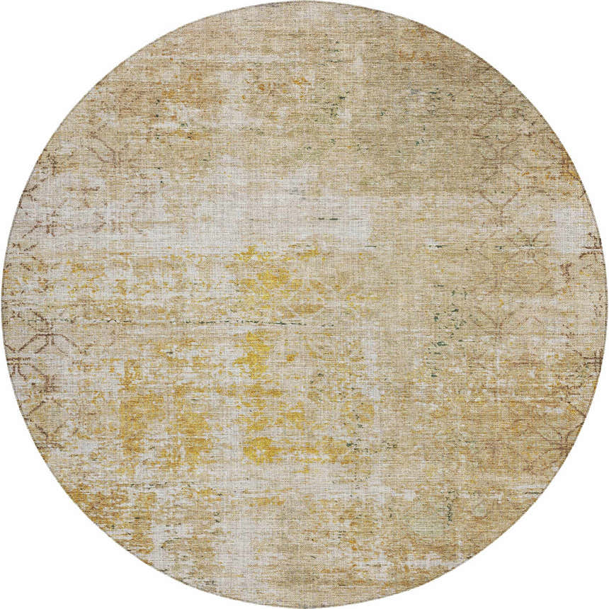 Round Dalyn Luxury Burano BU7 Gold Washable Area Rug with beige, chestnut, dark brown, and gold distressed pattern.