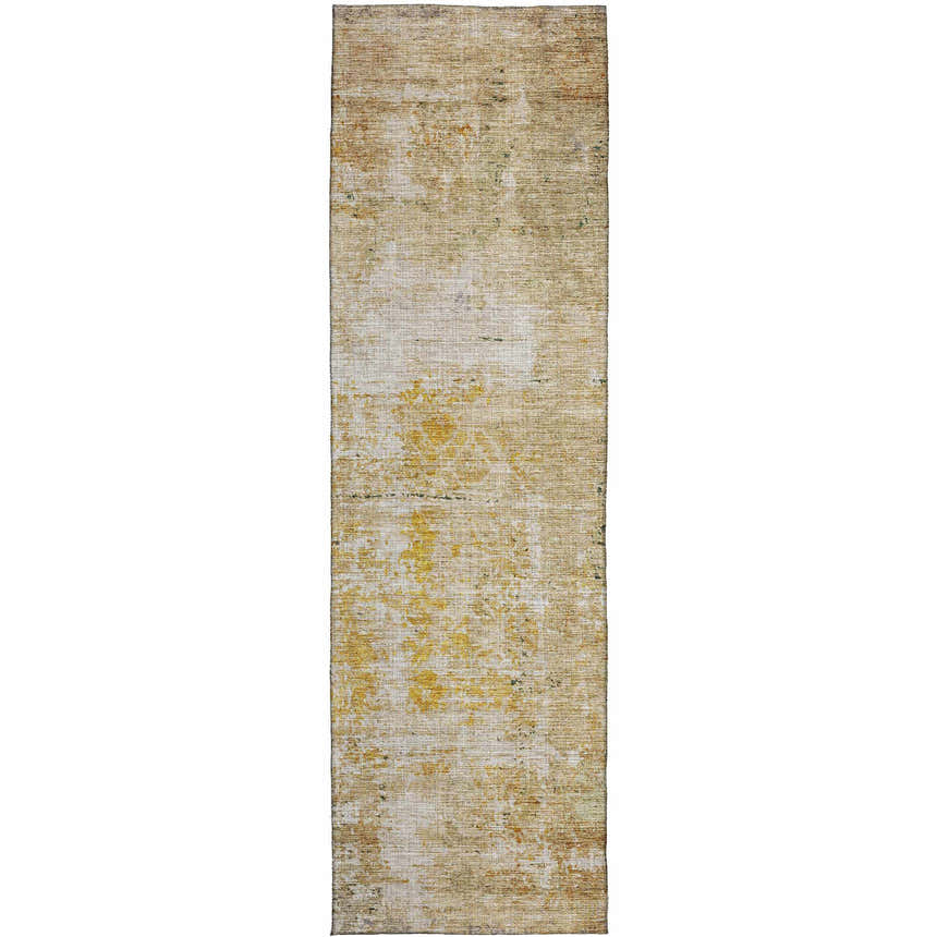 Close-up of the Dalyn Luxury Indoor/Outdoor Burano BU7 Gold Washable Area Rug, featuring beige, gold, and brown tones.