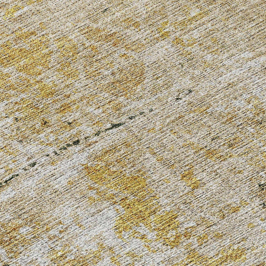 Close-up of Dalyn Luxury Burano BU7 Gold Washable Area Rug. Beige, chestnut, dark brown, and gold colors with a textured pattern.