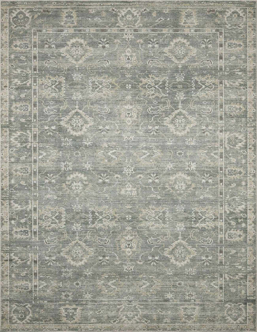 Close-up of the Collins Avenue I Vintage Oushak Area Rug. Gray rug with beige and brown traditional Oushak pattern. Design-Rectangle