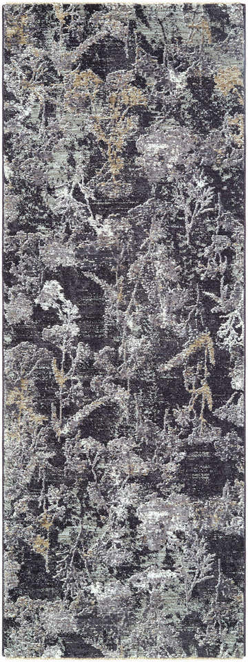 Close-up of the Breeda Black Area Rug featuring a Southwestern abstract pattern in black, charcoal, gray, and ivory. Design-Runner-2710