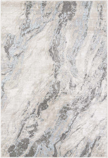 Close-up of the Atsuko Area Rug. Beige, charcoal, cream, and ice blue abstract pattern. Contemporary style. Design-Rectangle-537