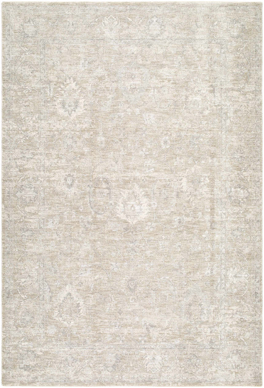 Close-up of the Brando Beige Area Rug. Farmhouse style, machine woven with subtle traditional pattern in beige and cream. Design-Rectangle-6796