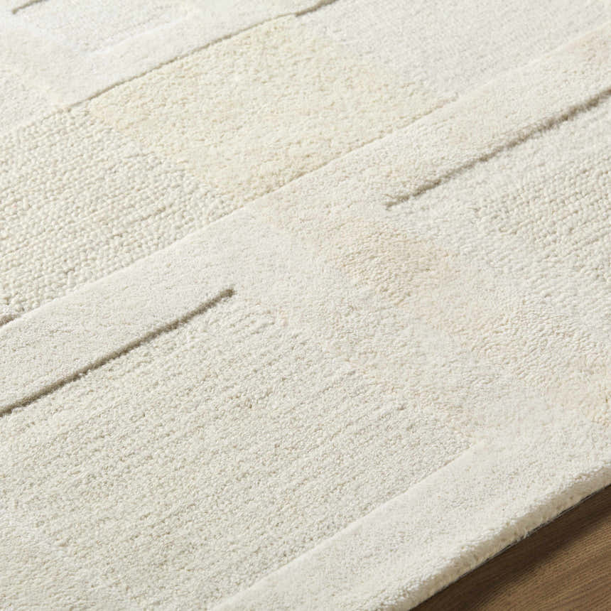 Close up of the Botham Area Rug, a hand-tufted wool rug in cream, beige, and ivory with a subtle geometric pattern. Texture