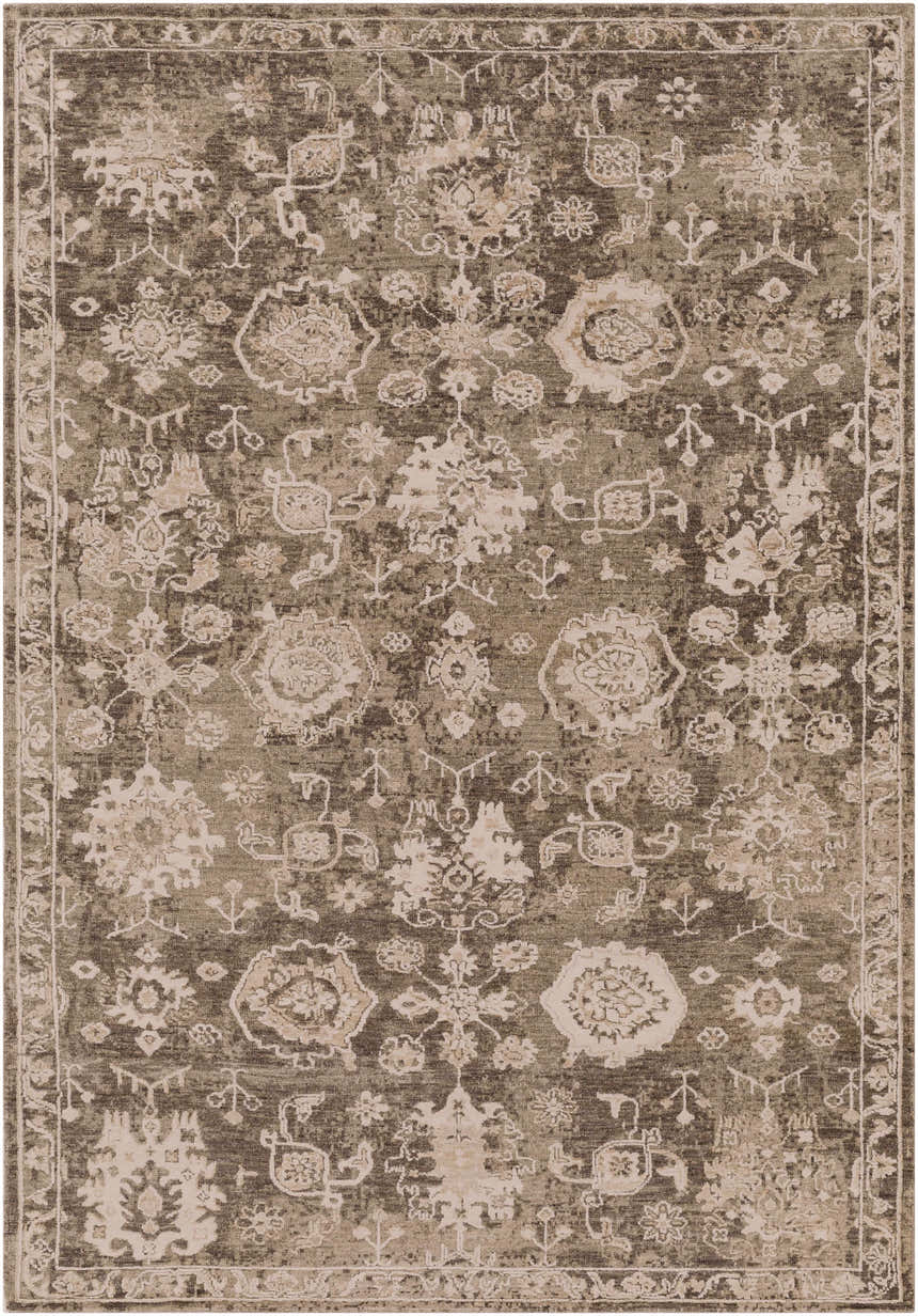 Close-up of the Cantley Handmade Wool Area Rug. Features a traditional floral pattern in charcoal, cream, and beige tones. Design-Rectangle-69