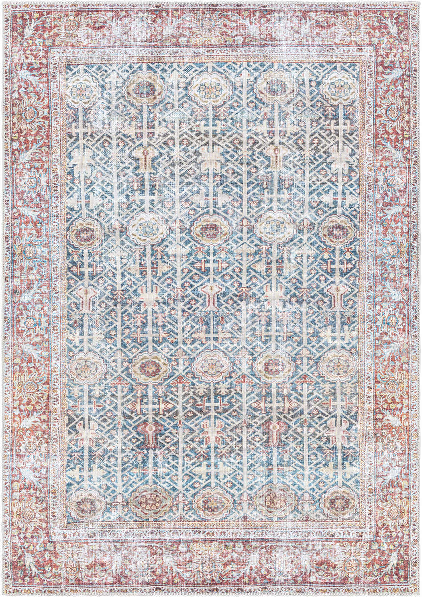 Detailed Rust Catadupa Distressed Washable Area Rug. Features gray, blue, and nutmeg hues in a Persian-inspired geometric pattern. Design-Rectangle-537