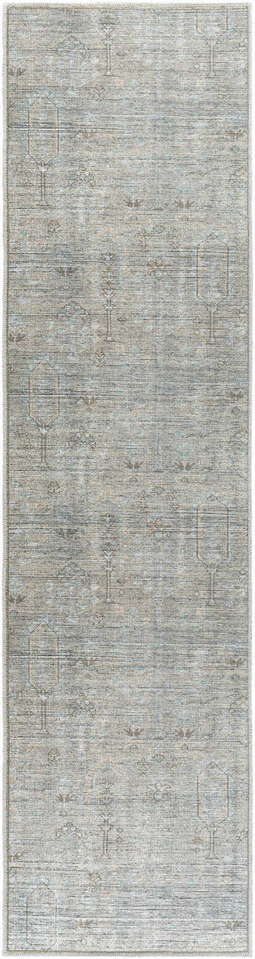 Close-up of the Aglaja Washable Area Rug. Traditional design in gray, prairie dust, and silver gray hues. Machine woven texture. Design-Runner-2710