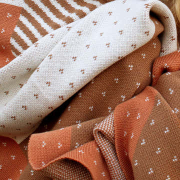 100% Cotton Knitted Throw - Color Block Throw in Pumpkin, Latte and Cream