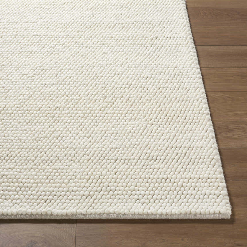Close-up of the hand-woven Clayne Beige Premium Wool Area Rug; a textured, neutral rug on hardwood floors. Front