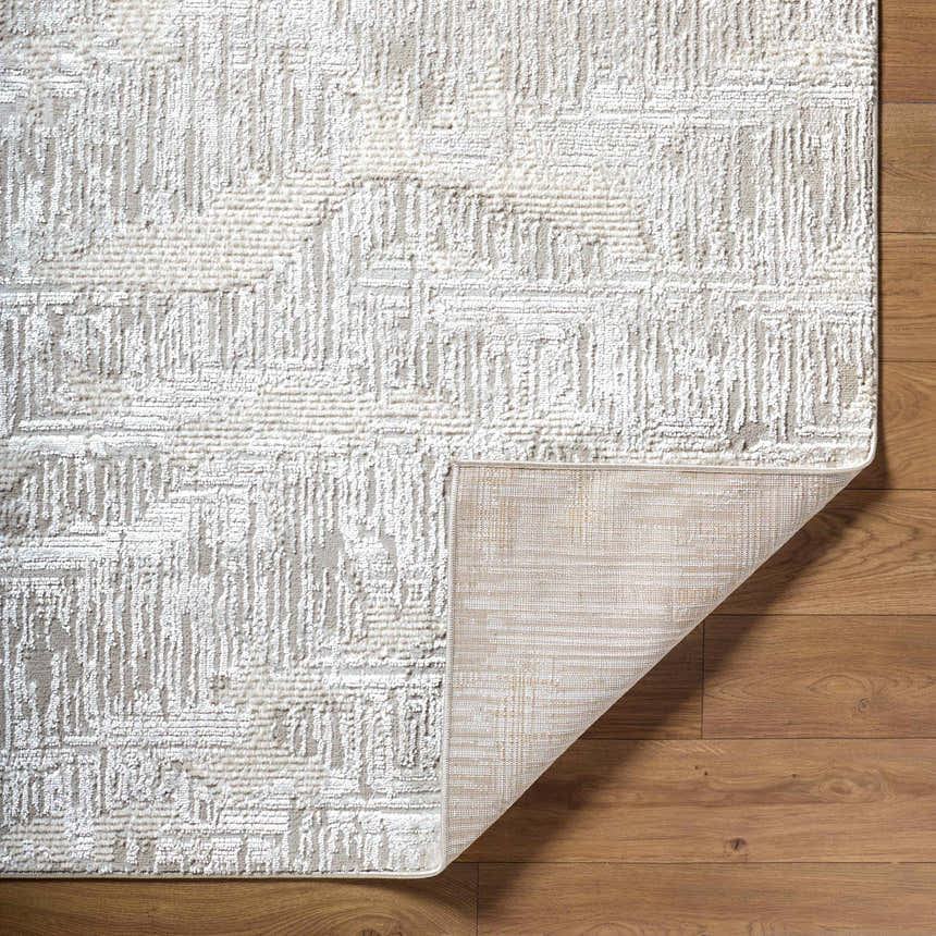 Close-up of the cream and light gray Annisa Area Rug showing its textured, contemporary design and backing. Fold