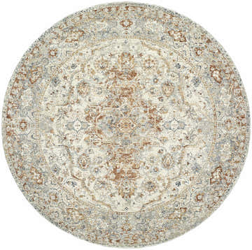 Close-up of round Chione Slate Blue area rug. Beige, cream, and slate blue traditional design. Design-Round-53