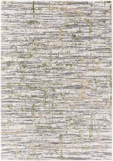 Close-up of the Amoura Area Rug, a contemporary rug with beige, charcoal, olive, and light gray abstract pattern. Design-Rectangle-527