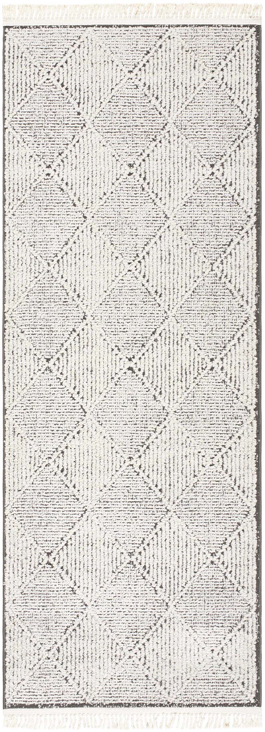 Close-up of Cannan Area Rug. Black geometric pattern on ivory, machine woven texture with fringe. Contemporary style. Design-Runner-2773