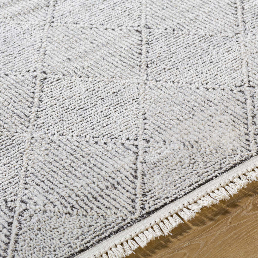 Close-up of the Cannan Area Rug. Ivory rug with a contemporary black geometric pattern and soft fringe detail. Texture
