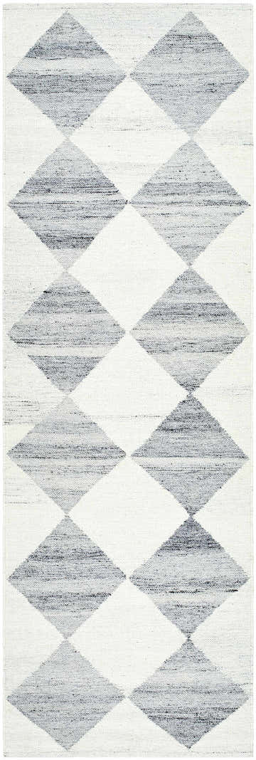 Close-up of the Andrin Light Gray Area Rug featuring a checkered diamond pattern in jute and wool. Design-Runner-268