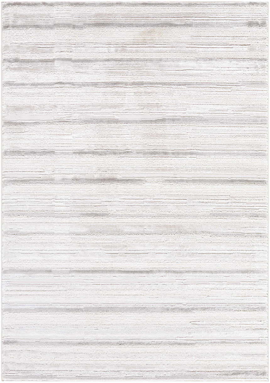 Close-up of the Cardea Area Rug. Contemporary style with cream, ivory, light gray, and white horizontal stripes. Design-Rectangle-537