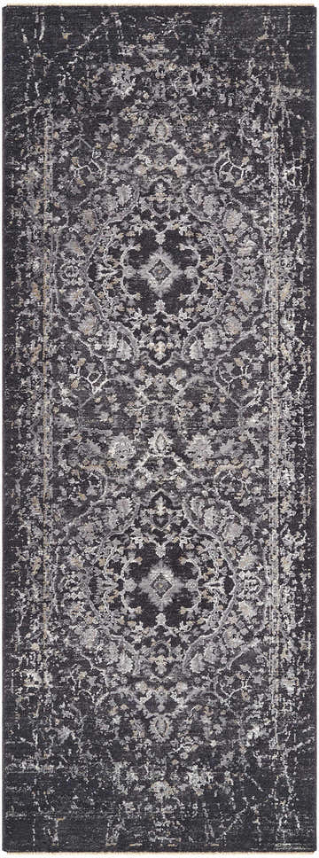 Close-up of the Corina Black Area Rug featuring a traditional black, gray, and ivory distressed pattern. Design-Runner-2773