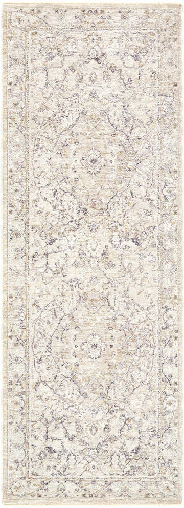 Close-up of the Corina Charcoal Area Rug featuring a traditional charcoal, cream, and tan floral pattern. Design-Runner-2773