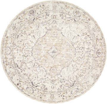 Close-up of round Corina Charcoal Area Rug. Features traditional floral pattern in charcoal, cream, gray, and tan hues. Design-Round-53