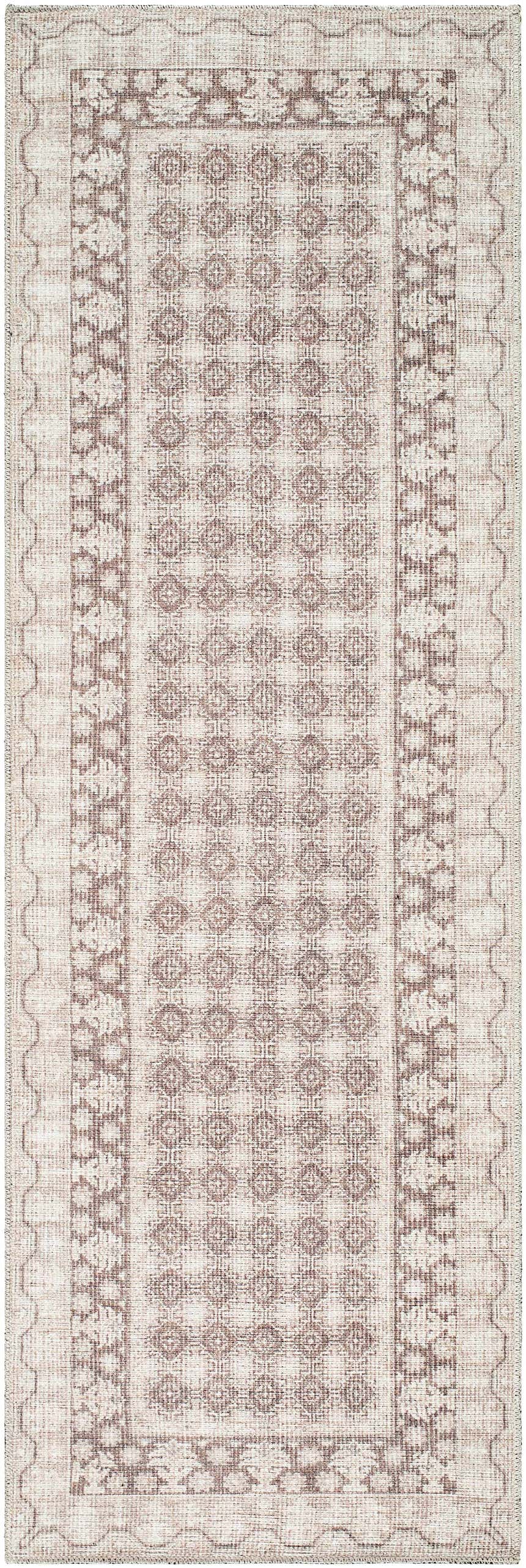 Close-up of the Rainier Light Brown Washable Rug. Farmhouse style rug with cream, dark brown, and light brown geometric pattern. Design-Runner-27710