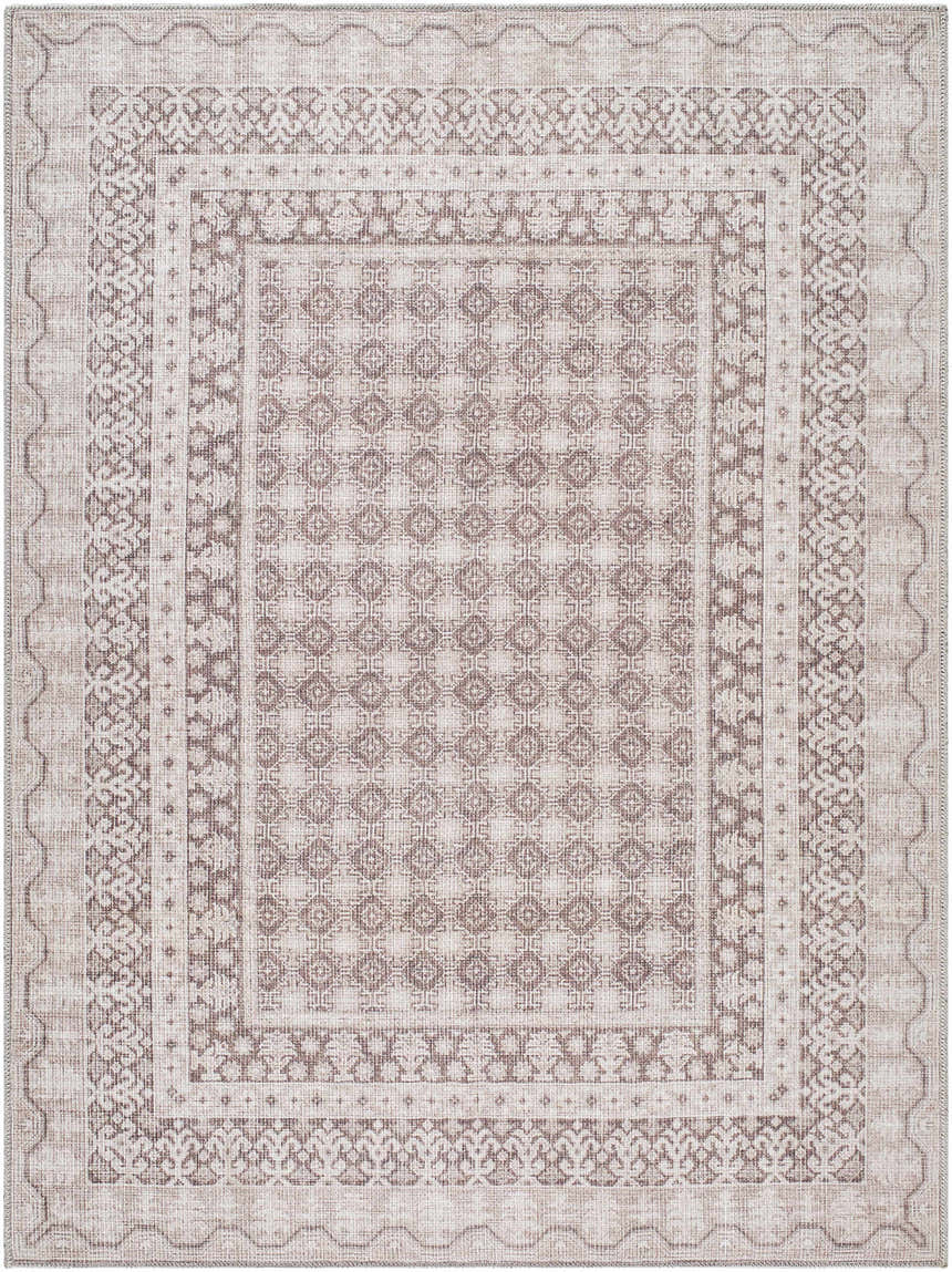 Close-up of the Rainier Light Brown Washable Rug. Farmhouse style rug with cream and light brown traditional patterns. Design-Rectangle-5373