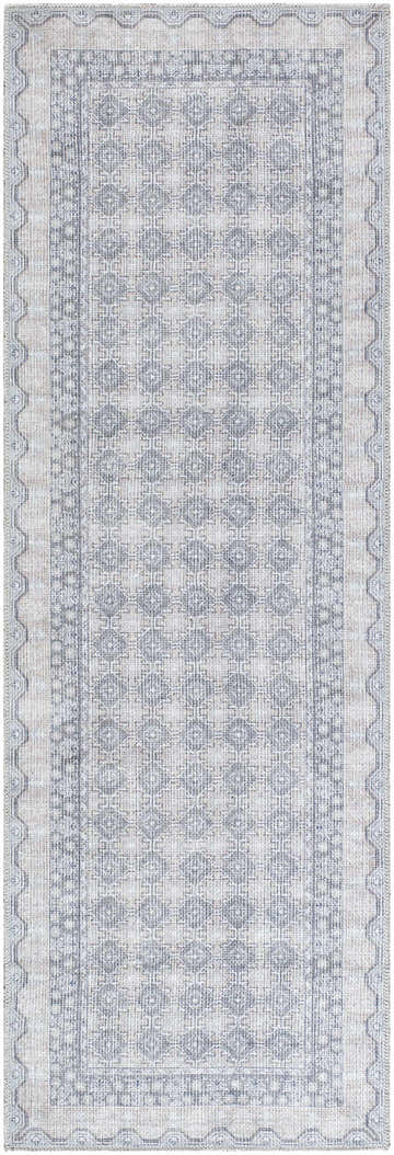 Close-up of the Rainier Gray Washable Rug. Farmhouse style runner rug with off-white, pale blue, and sage geometric pattern. Design-Runner-27710