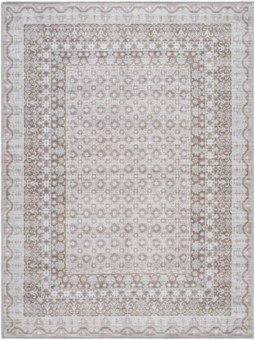 Rainier PNWRN-2312 rug, a machine-woven area rug with a traditional pattern in dark brown, light gray, and sage hues. Design-Rectangle