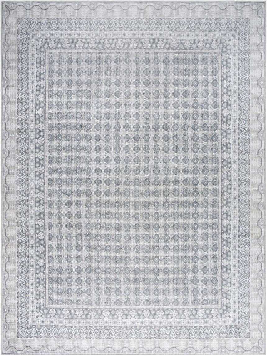 Rainier PNWRN-2313 rug close-up. Machine woven rug in pale blue, olive, and white with farmhouse-style geometric and floral patterns. Design-Rectangle
