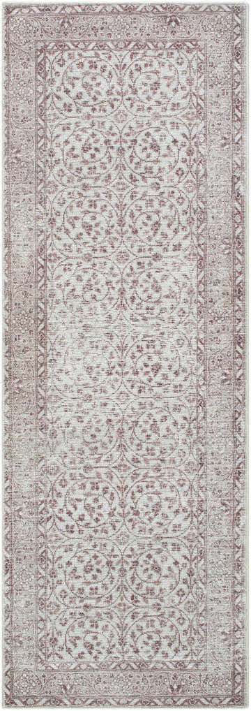 Close-up of the Spokane Brown Area Rug. Farmhouse style rug with burnt orange floral pattern and cream background. Design-Runner-2673