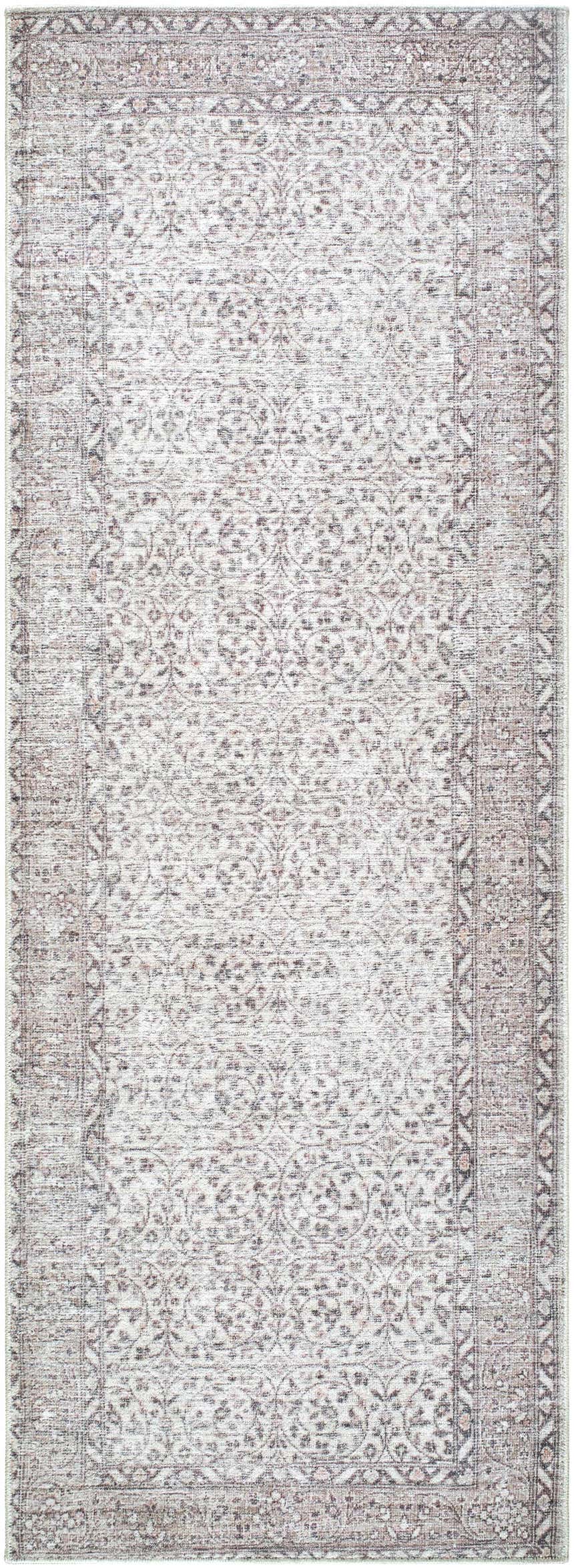 Close-up of the Spokane Cream Area Rug, a farmhouse style rug with a traditional floral pattern in cream, tan, and dark red. Design-Runner-2673