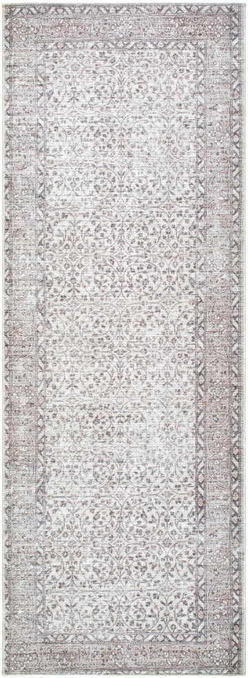 Close-up of the Spokane Cream Area Rug, a farmhouse style rug with a traditional floral pattern in cream, tan, and dark red. Design-Runner-2673