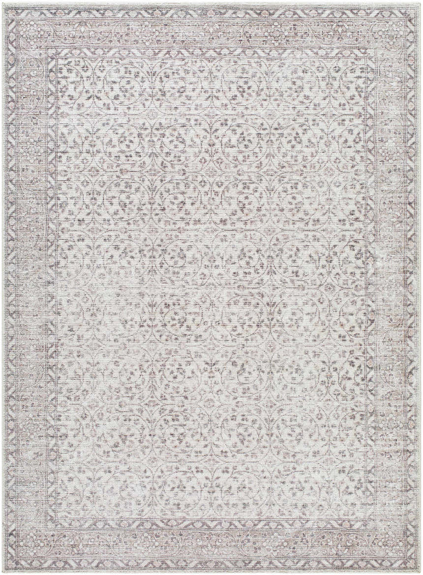 Close-up of the Spokane Cream Area Rug, featuring a traditional floral pattern in cream, tan, and dark red hues. Design-Rectangle-527