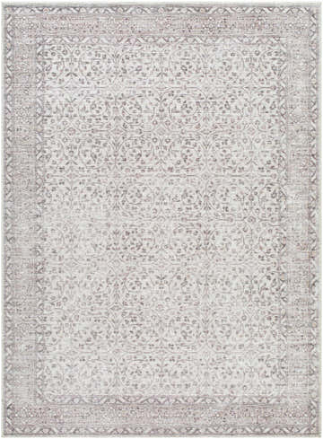 Close-up of the Spokane Machine Woven PNWSP-2304 area rug. Farmhouse style rug in cream, tan, and rust with a traditional floral pattern. Design-Rectangle-527