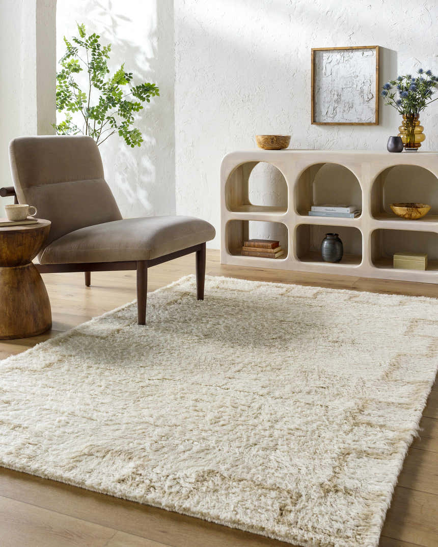 Living room scene with a Ciniod Area Rug, tan chair, wooden side table, and white console table. Roomscene-Rectangle