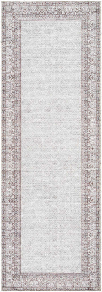 Close-up of Rainier Cottage Border Brown Washable Rug. Cream rug with dark red and slate blue traditional border pattern. Design-Runner-27710
