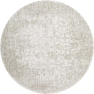 Close-up of round Cailyn Area Rug - Vivir x Livabliss. Beige and off-white farmhouse style rug with subtle traditional pattern. Design-Round-53
