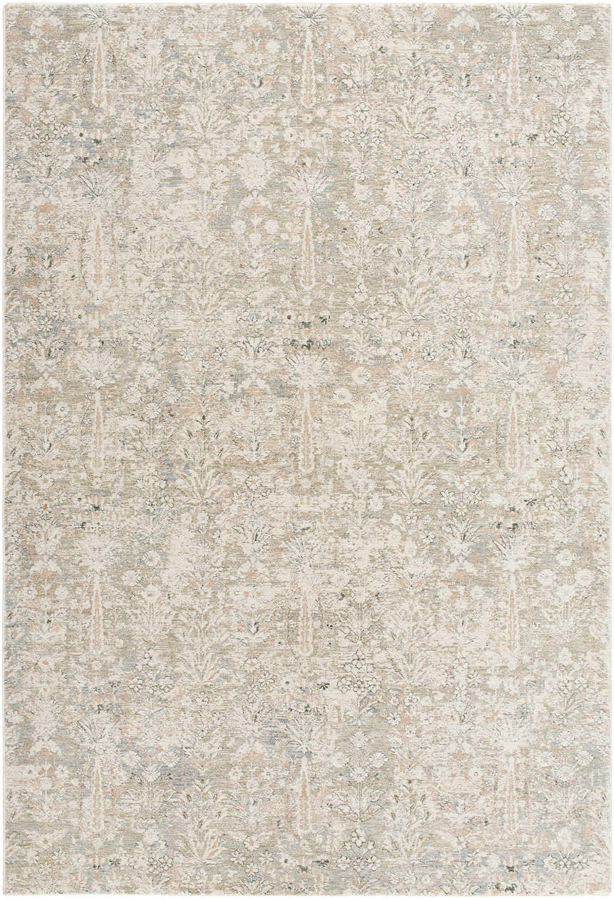 Close-up of the Carlyn Area Rug. Cream, light sage, and slate floral pattern on a tan, machine-woven polyester rug. Design-Rectangle-6796