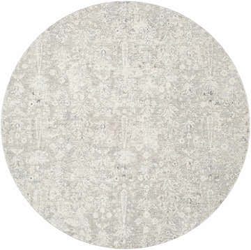 Close-up of round Carlyn Area Rug. Cream, sage, and slate floral pattern. Farmhouse style. Design-Round-67
