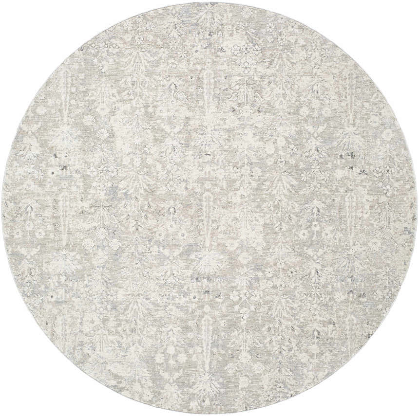 Close-up of round Carlyn Area Rug. Cream, sage, and slate floral pattern. Farmhouse style. Design-Round-67