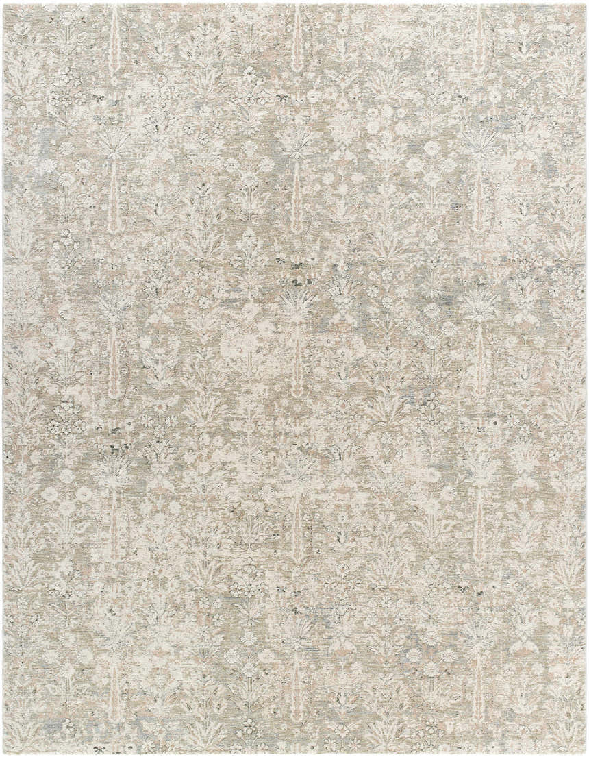 Close-up of the Carlyn Area Rug. Cream, light sage, and tan farmhouse style floral pattern. Traditional design. Design-Rectangle-710102