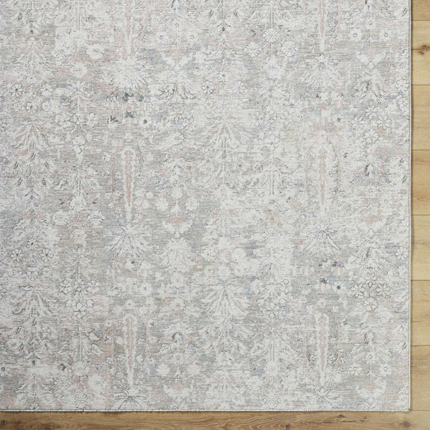 Close-up of the Carlyn Area Rug. Cream, light sage, light slate, sage, and tan farmhouse traditional floral pattern. Swatch