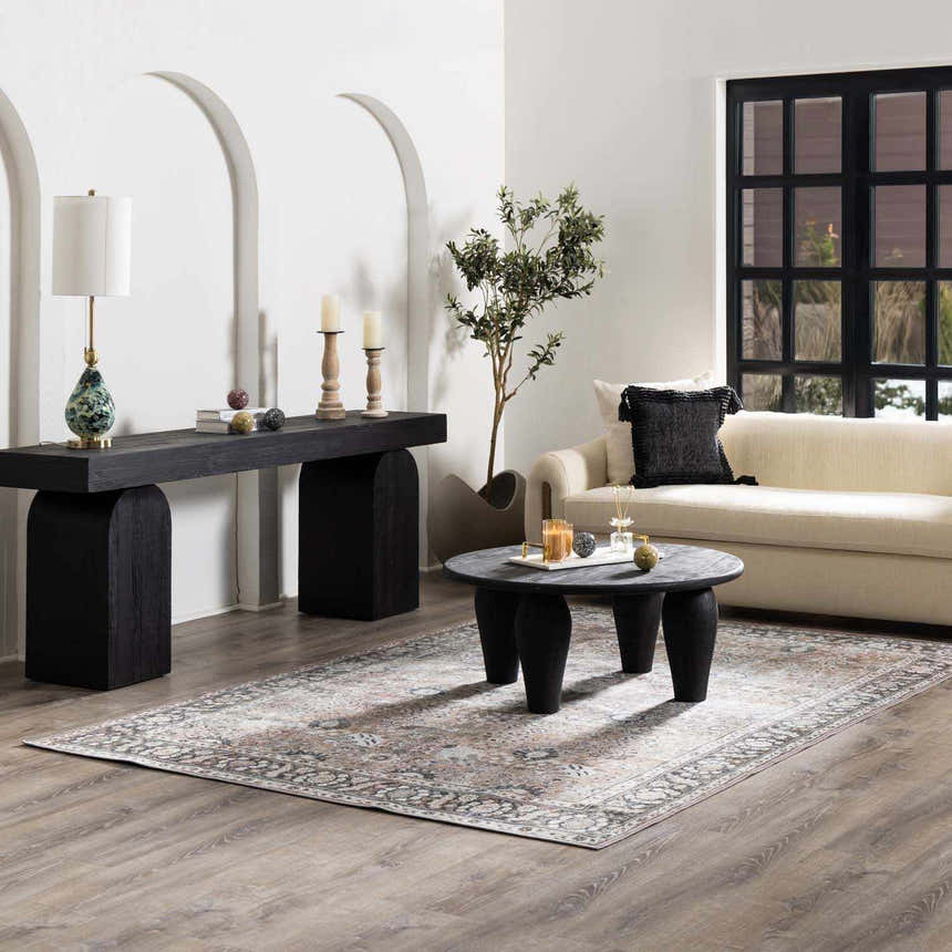 Living room scene with a cream sofa and Abner Washable Area Rug in black, charcoal, and pale pink tones. Roomscene-Rectangle