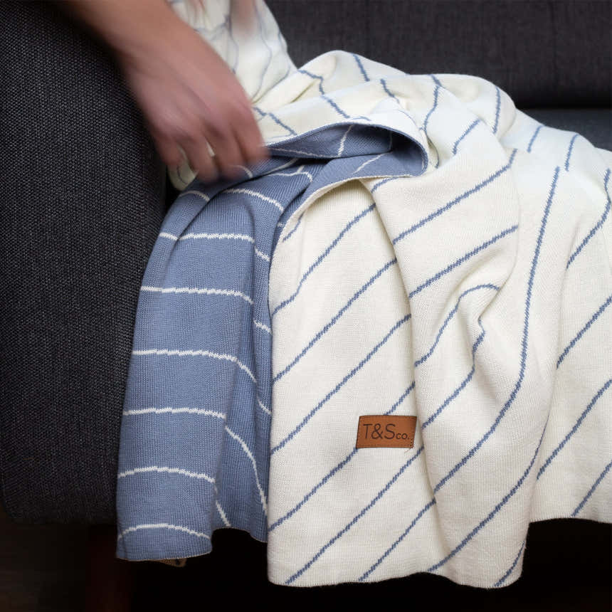 100% Cotton Knitted Throw - CloseUp in Lake and Cream