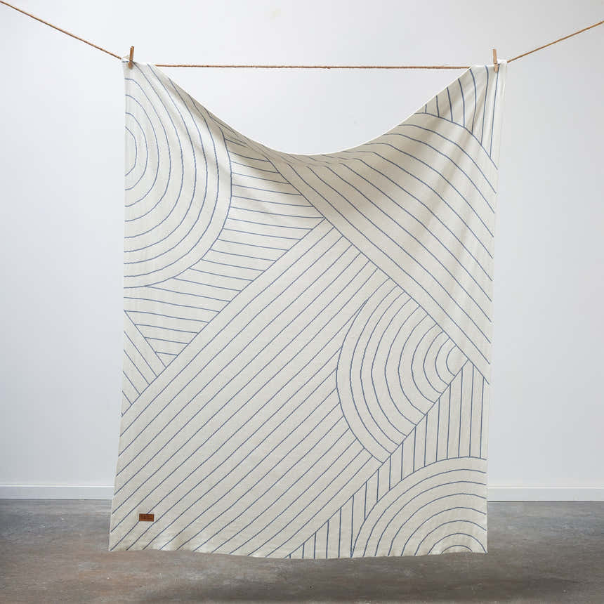 100% Cotton Knitted Throw - CloseUp in Lake and Cream