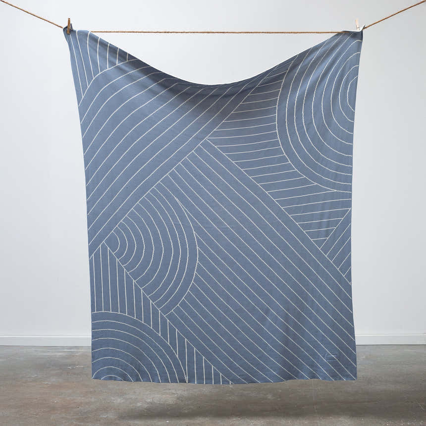 100% Cotton Knitted Throw - CloseUp in Lake and Cream