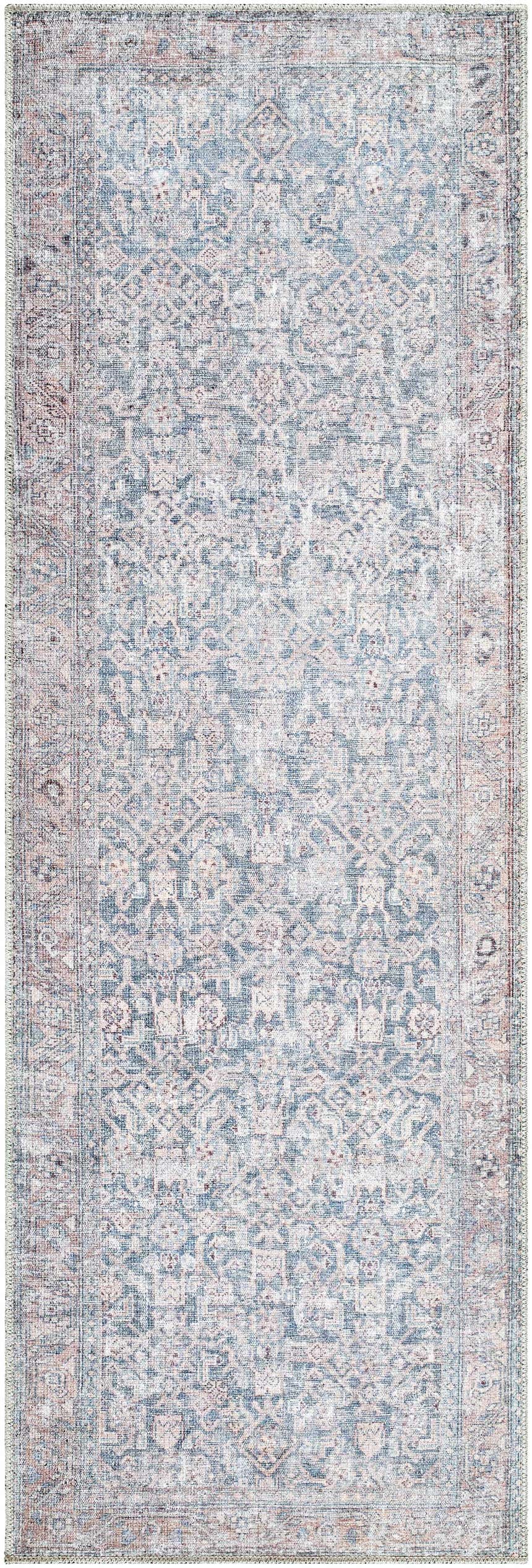 Close-up of the Lorelai Vivir x LIVABLISS VVLO-2301 washable area rug, showcasing a traditional design in denim, tan, and light sage. Design-Runner-27710