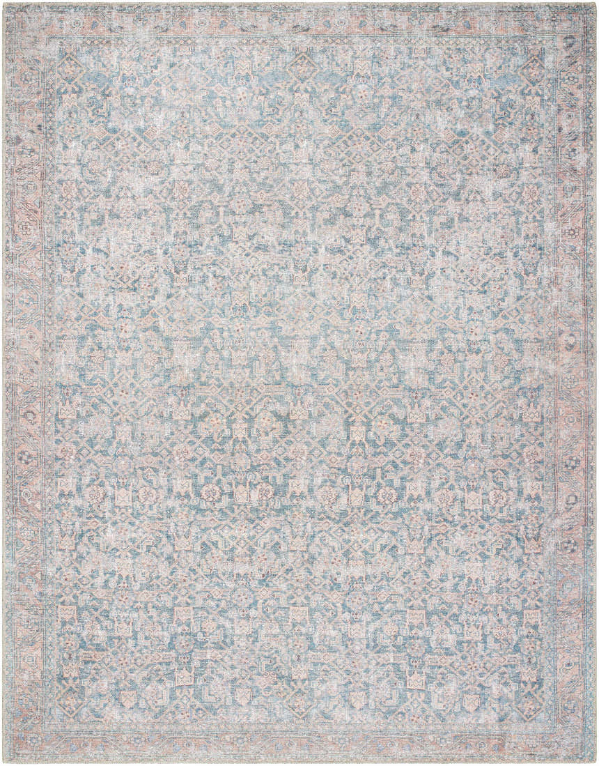 Detailed view of the Crevan Washable Area Rug featuring a traditional pattern in denim, light sage, and tan hues. Design-Rectangle-71010