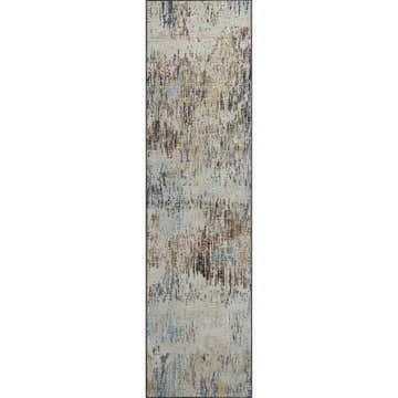 Close-up of the Dalyn Camberly CM1 Driftwood Area Rug. Beige, brown, teal, and gold abstract pattern.
