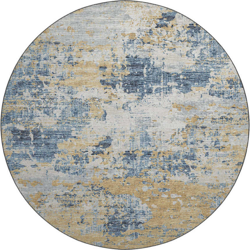 Close-up of round Dalyn Camberly CM4 Navy Area Rug. Beige, gold, and navy abstract pattern. Transitional style.